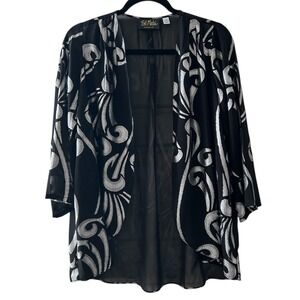 Bob Mackie Wearable Art Kimono Cardigan XS Black Silver Metallic Open Front